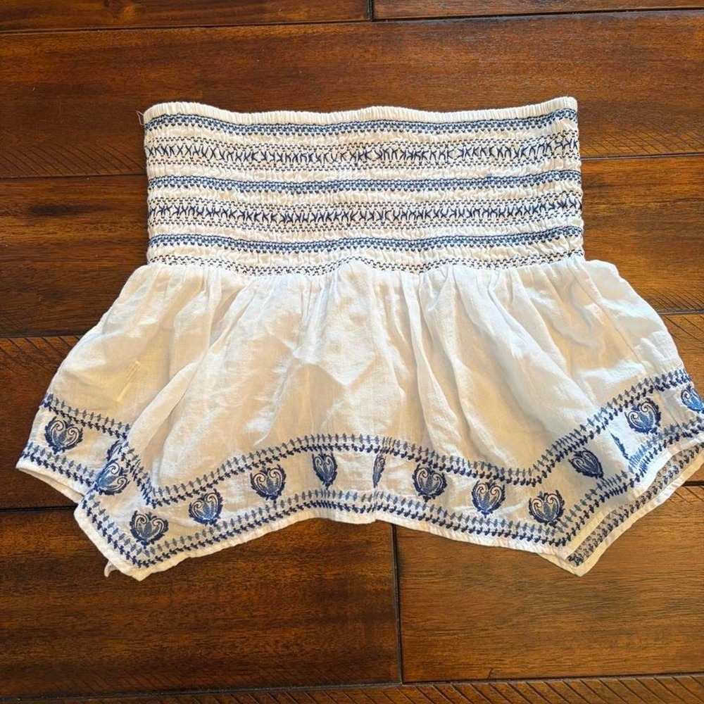 American Eagle Tube Top Blue Folk Embroidery Peplum White Smocked XS